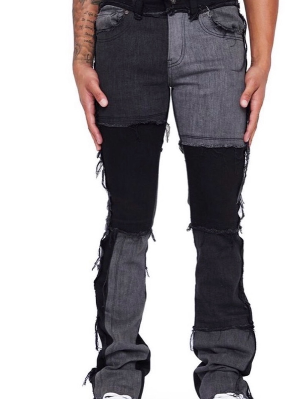 Valabasas Men's Two-Tone Distressed Patchwork Jeans - Black & Gray Size 34
